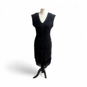 Flapper Style Bodycon Puff Dress Black Size XL Fringe Hem Stretch Sleeveless